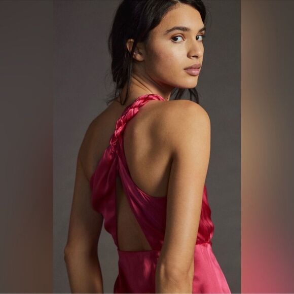 NWT Anthropologie One-Shoulder Silk Midi Dress in Pink NEW - Picture 3 of 11